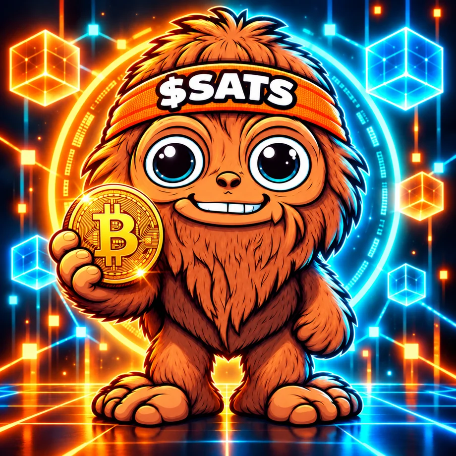 Friendly wide-eyed orange SATSQUATCH wearing a $SATS headband, holding a golden Bitcoin coin, surrounded by glowing blue and orange blockchain cubes